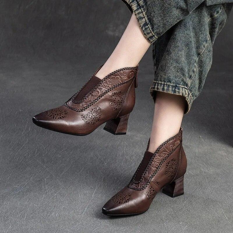 Johnature Sandals Genuine Leather Breathable Hollow-out Boots Retro Pointed High Heel Commuter Women's Shoes