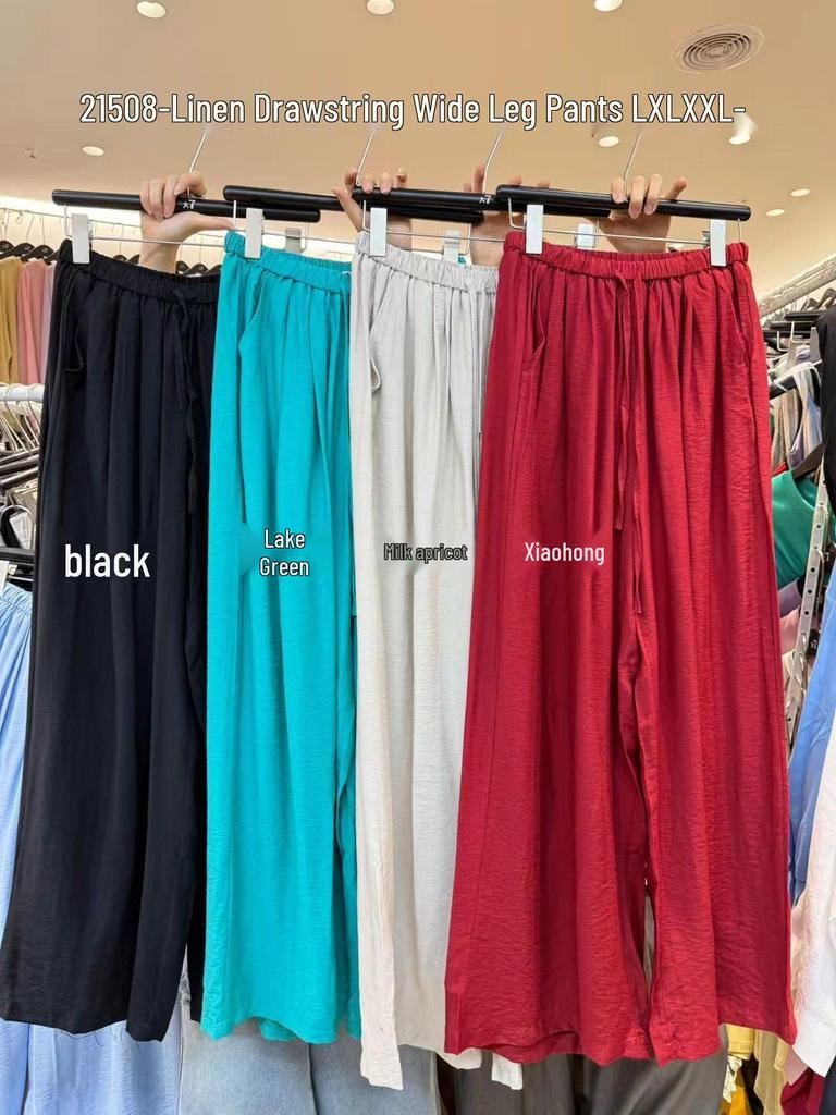 Da7 Women's Summer Plus Size High Waist Elastic Drawstring Wide-Leg Pants