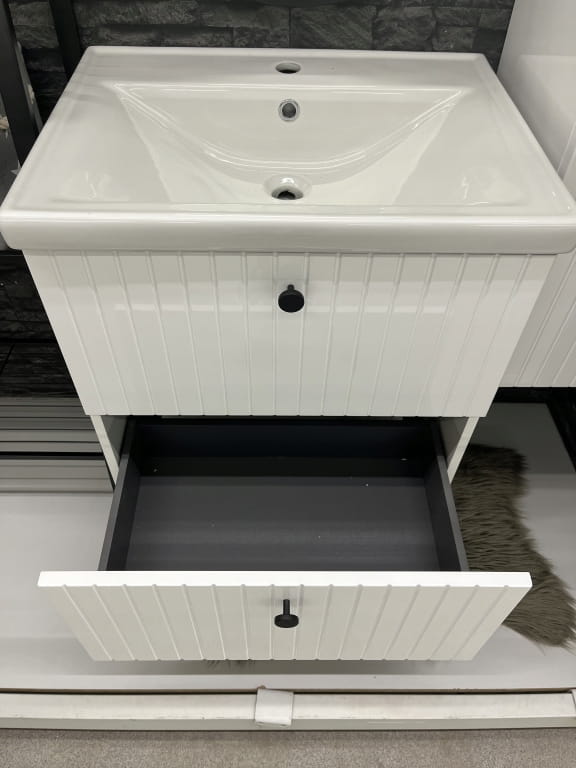 Bathroom Cabinet with Washbasin, Grooved, 60 Cm, White Gloss, Rietti Lamellas