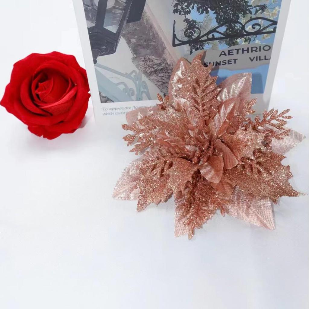 Set Ornament Floral de Crăciun cu Sclipici Auriu: Flori de Simulație cu Trei Straturi pentru Copac, Coroane și Cadouri de Sărbători