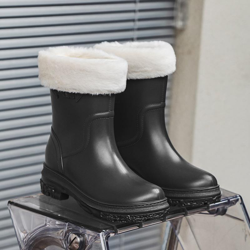 Women's Mid-Calf Rain Boots Winter Rubber Rain Boots Cotton-Padded Warm-Keeping Waterproof Women's Non-Slip Wear-resistant Shoes