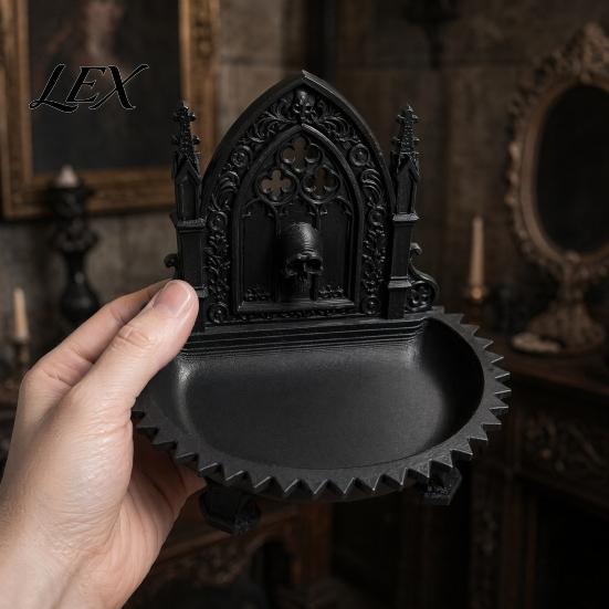 Gothic Home Ornament Church Carving Design Storage Box, Matte Black Desktop Organizer for Rings Dark Aesthetic Desk Bracelets Goth Decor, Style