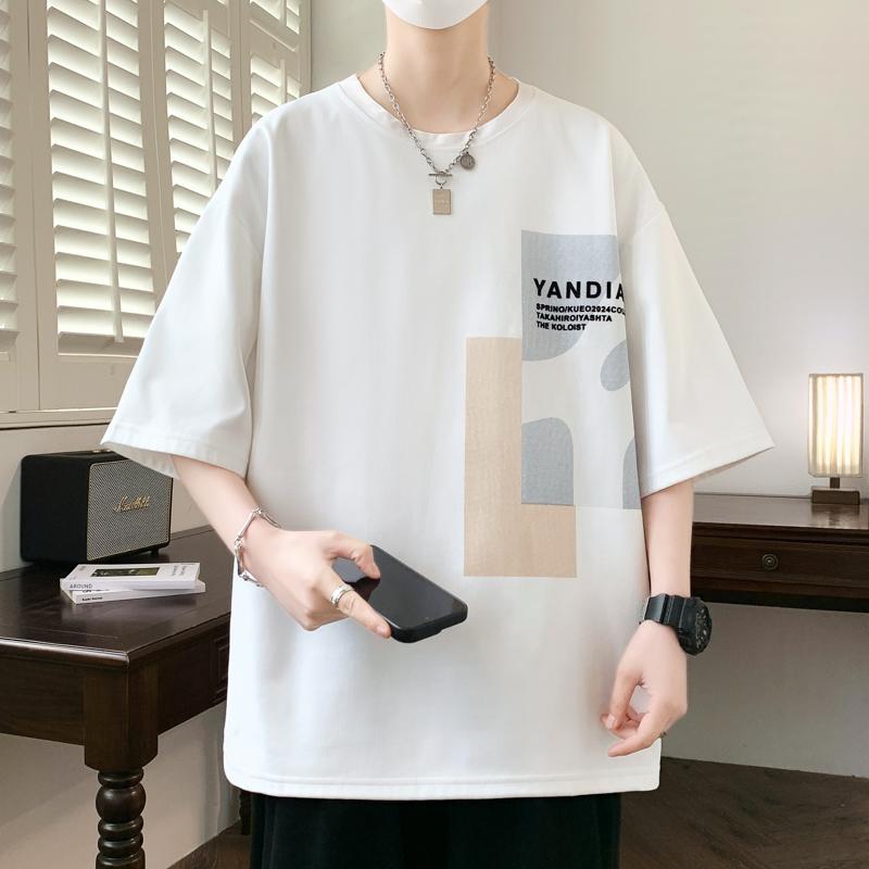 New Loose Flocking Printed Short-sleeved T-shirt Men's Teenagers' Fashion Casual Sports Top Summer