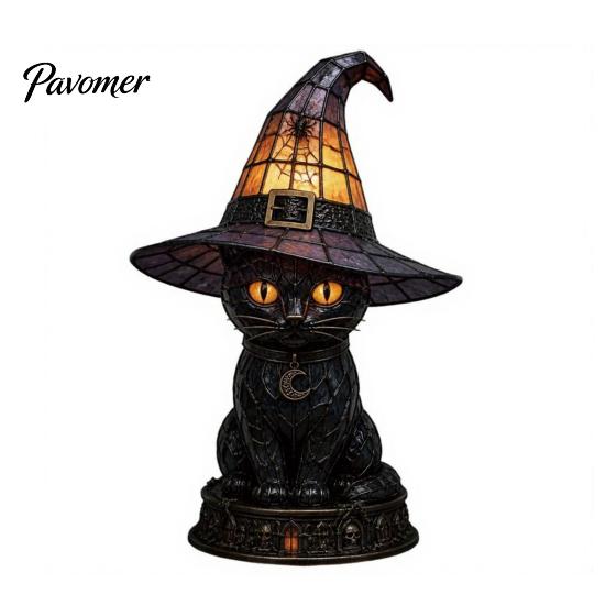 Spooky Home Decor Light Halloween Witch Cat Night Light, Resin Table Lamp with Warm Cozy Fall Glow, Gothic for Bedroom Shelf, Gift Mantelpiece