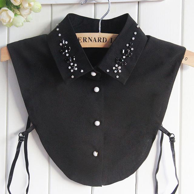 Linbaiway Fashion Women Fake Collar Shirt Beads Detachable Collars Chiffon Lapel Blouse Top Female White Clothes Decor