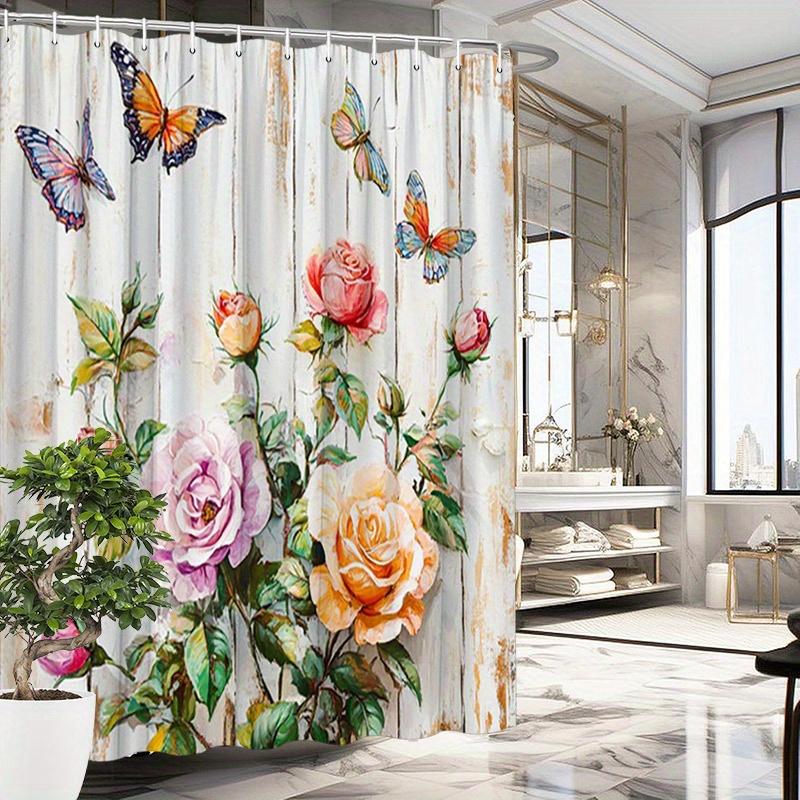 

Roses & Butterflies Shower Curtain - Rustic Wood Background, Soft Pink Flowers, Polyester, 12 Hooks, 70.8X70.8 Inches, Washable W60H190(CM)-1 Pcs