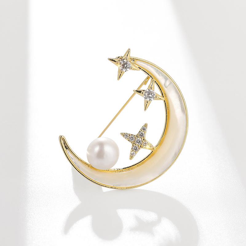 Bo Xin Yun Luxury Seashell Freshwater Pearl Brooch with Zircon Star and Moon
