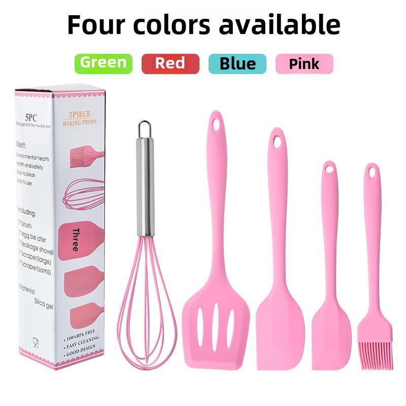 Five-Piece Silicone Kitchen Tool Set: Egg Beater, Scraper, Steak Frying Spatula, and Drain Spatula. Ideal for Baking and Cooking.