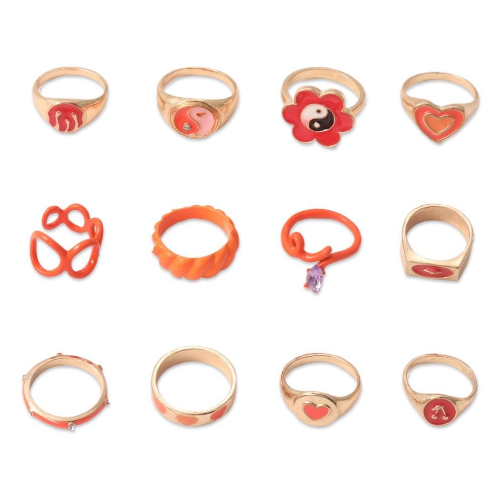 Value Ring Fashion Drip Oil Sunflower Love Diamond Combination Tide 12-Piece Ring Women