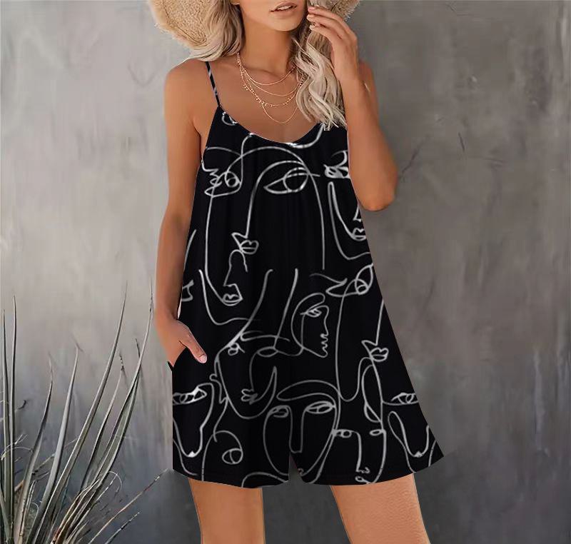Ärmelloser Jumpsuit für Damen, Frühling/Sommer 2024: Europäische & Amerikanische Grenzüberschreitende Lässige Latzshorts mit Trendigen Prints 1XL schwarz