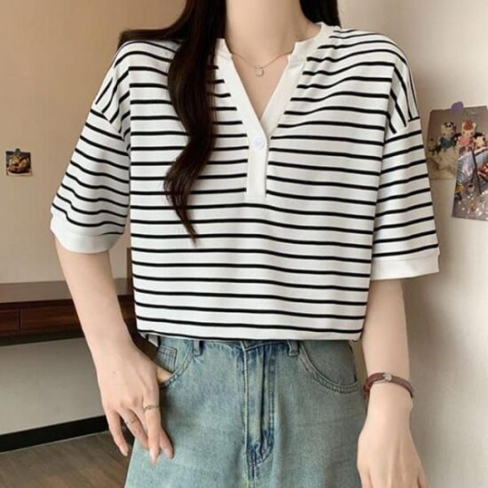 Navava Women Casual STriped Trim Neck ShorT Sleeve T shirT nT2545