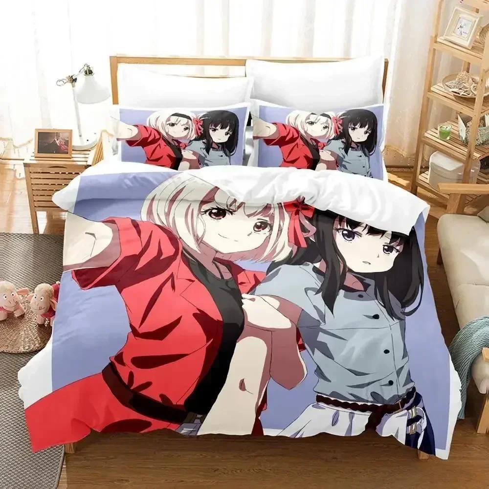 Lycoris Recoil Bettwäsche-Set, Einzel-, Zwillings-, Voll-, Queen- und King-Size-Bettset, Schlafzimmer für Erwachsene und Kinder, Bettbezug-Set, 3D-Anime-Bettlaken-Set