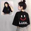 Women's Crew Neck Short Sleeve Oversized Tee Loose Fit Casual Cotton Top Front Back LUCK Smiley Face Letter Print Summer Tunic