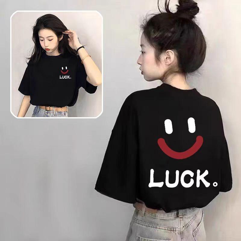 Women's Crew Neck Short Sleeve Oversized Tee Loose Fit Casual Cotton Top Front Back LUCK Smiley Face Letter Print Summer Tunic