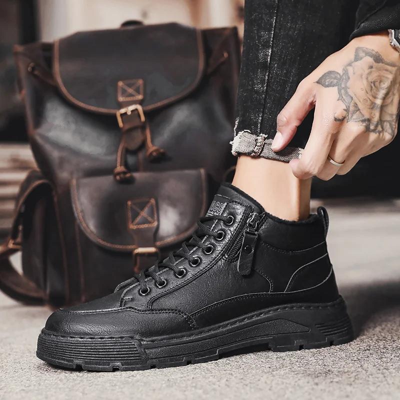 Fashion Leather Men's Boots 2024 new Winter Platform Warm Fur Ankle Short Lace Up Fashion Novelty Concise Casual Work cotton Shoes Botas