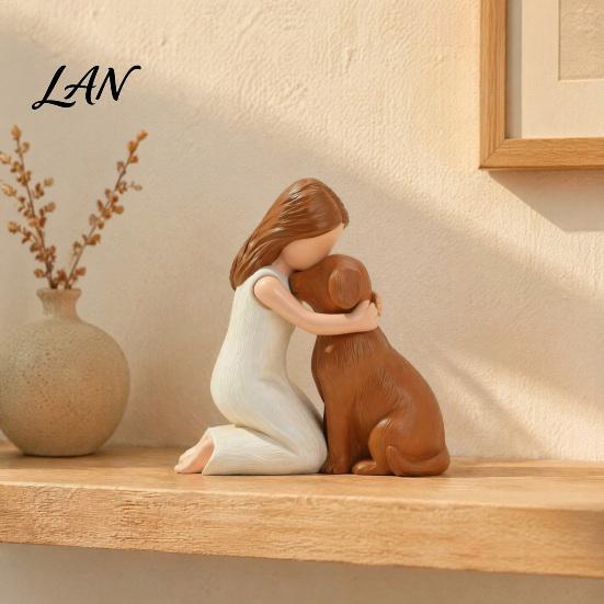 Girl Hugging Dog Statue Resin Figurine, Hand-Painted Pet Companion Sculpture, Brown Black Memorial Figurine Desktop Ornament, Remembrance Gift