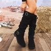Plus Size Women's Knee High Boots Retro Belt Buckle Thick Heel Pleated Suede Shoes Autumn Winter Woman High Boots Comfortable Soft Sole Non Slip Desig