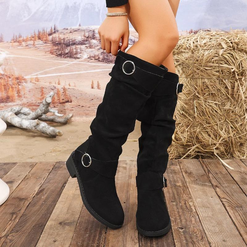 Plus Size Women's Knee High Boots Retro Belt Buckle Thick Heel Pleated Suede Shoes Autumn Winter Woman High Boots Comfortable Soft Sole Non Slip Desig