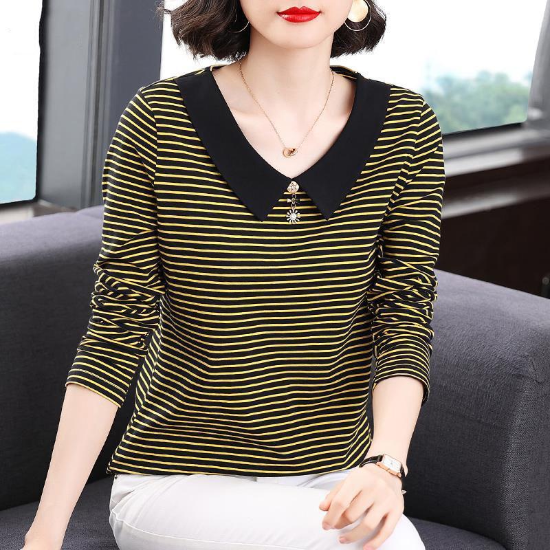 

Повседневная модная футболка с полосатым принтом, весна-осень, длинный рукав, воротник Питер Пэн, V-образный вырез, свободный топ для женщин 5XL жёлтый