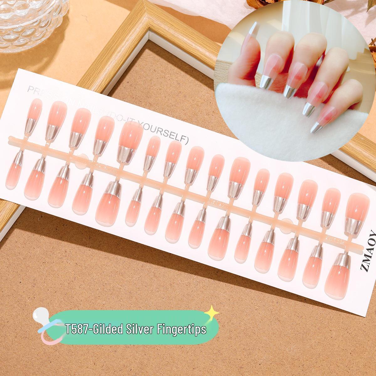 

T587# Покрытые серебром ногти средней длины ручной работы – набор из 30 штук с золотистым кошачьим глазом, съемные и носимые.