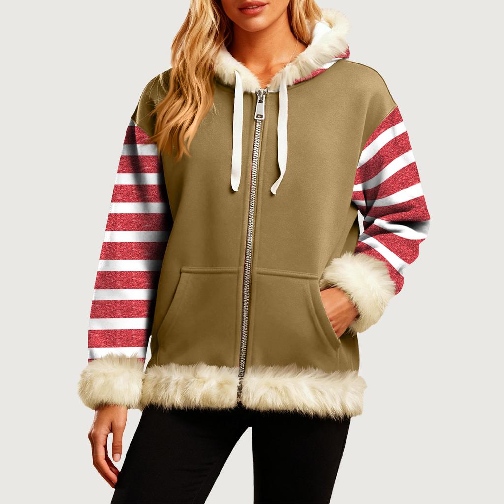 Women's Comfortable Loose Fashion Casual Striped Print Long Sleeve Pockets Hooded Sweatshirt Jacket