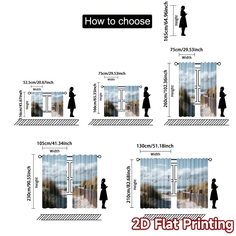 Set Of 2 Flat Printing Curtains Without Rod Seaside Serenity Print Chic Durable Polyester Fabric Curtain