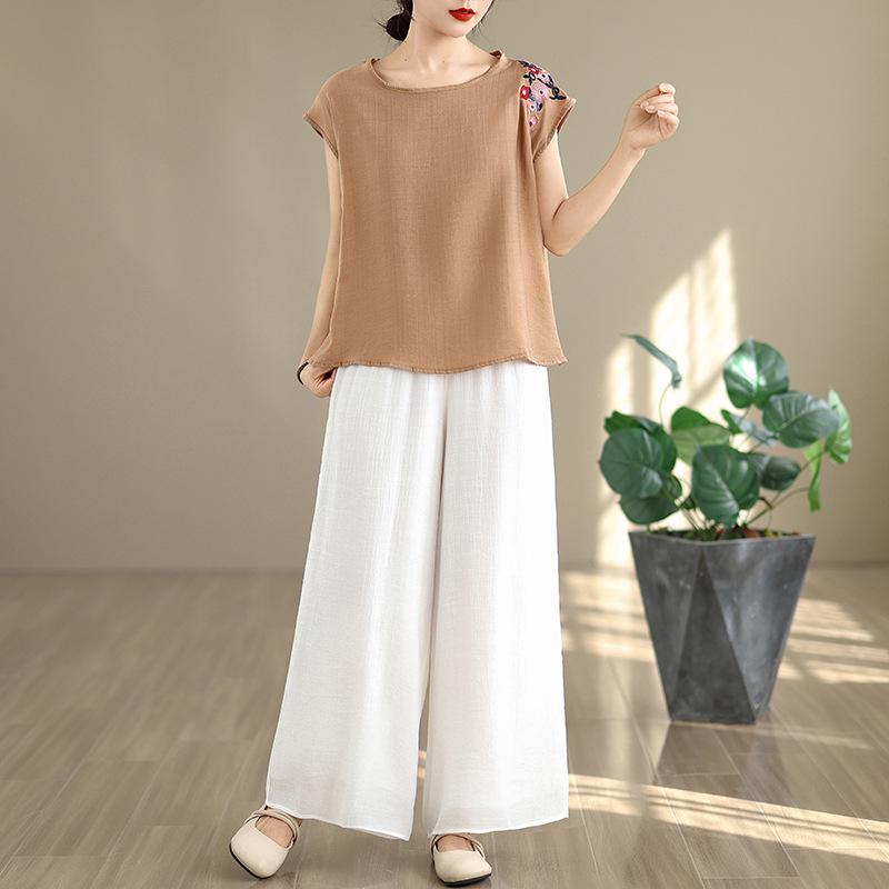 

Летний женский комплект из двух предметов с китайской вышивкой 2025: Свободная повседневная футболка с коротким рукавом и брюки с широкими штанинами XXL