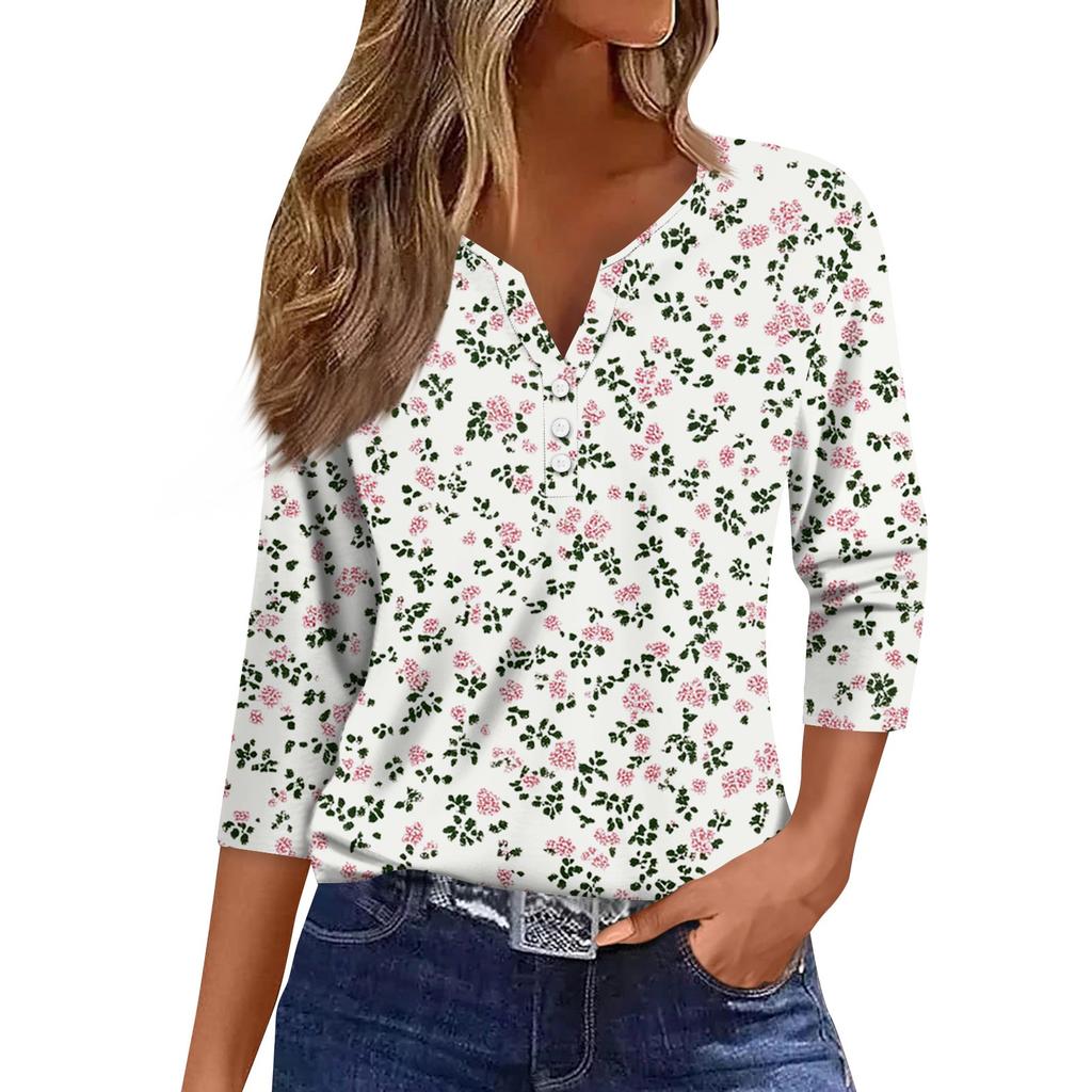 Women's T Shirt Tee Print Button 3/4 Sleeve Daily Weekend Fashion Basic V Neck Regular Top
