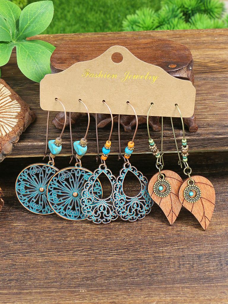 Ethnic Style Antique Alloy Earring Retro Hollow Earrings Bohemian Tassel Leaf Heart Shaped Pendant Accessories