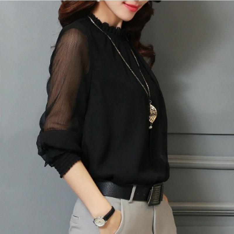 Spring New Lace Chiffon Shirt Women's Mesh Ruffled Stand Collar Long Sleeve Shirt Top