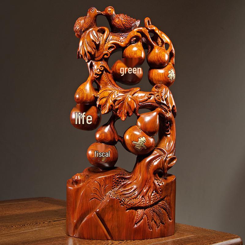 Karin Wood Carved "Five Blessings" Gourd Ornament - Chinese Root Carving Decoration, Ideal for Opening Ceremonies or Housewarming Gifts