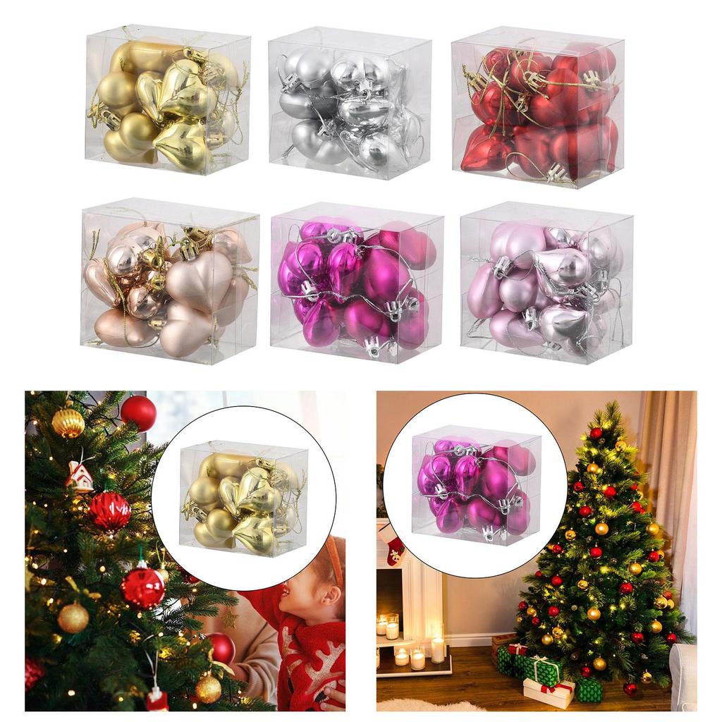 12Pcs Heart Christmas Tree Ornaments Decorative Hanging Baubles Charm Pendants for Wedding Party Birthday Indoor Celebration