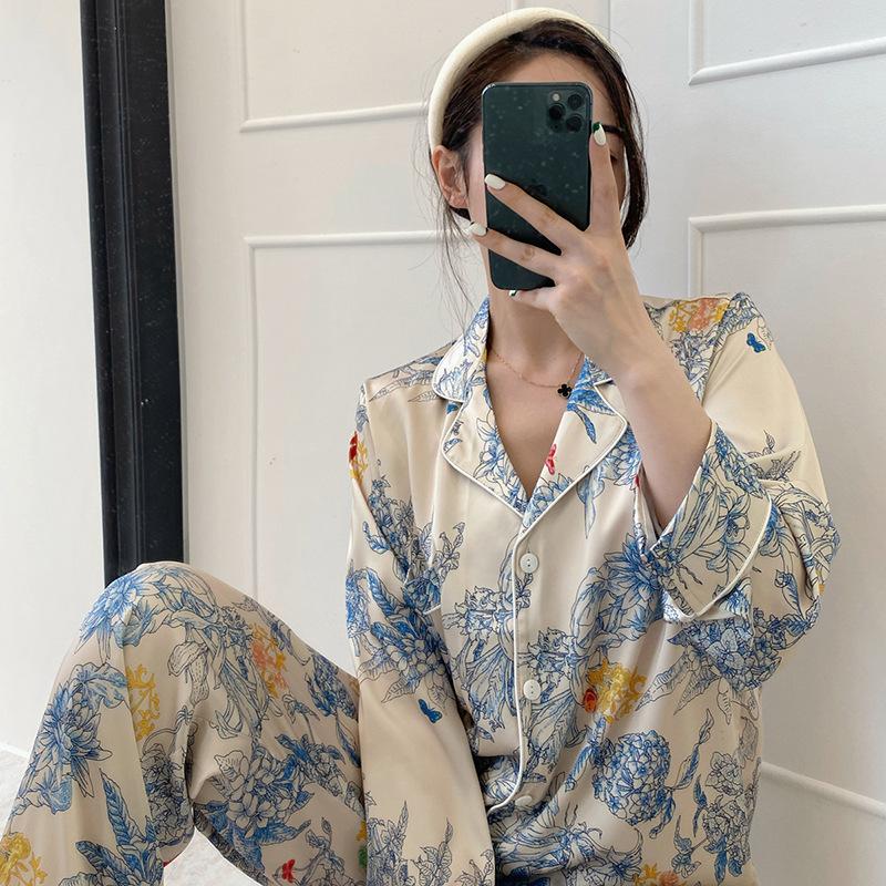 

Light Luxury Spring And Summer New Silky Pajamas Women S Monet Flower High-End Long-Sleeved Cardigan Loungewear Set XL
