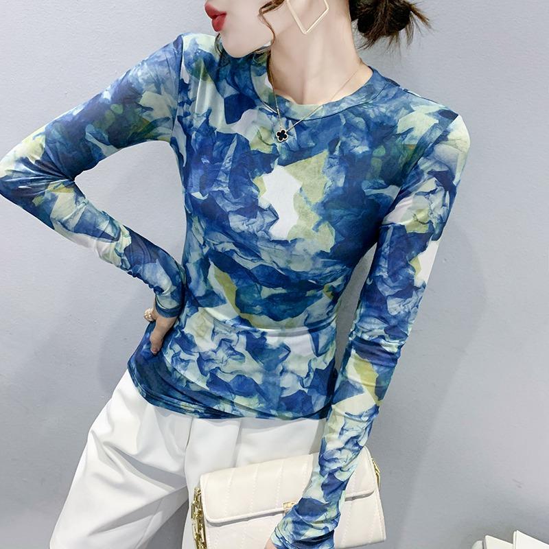 Size S-3XL Autumn Spring Full Sleeve O-Neck T-shirt Girls Solid Stretchy Printed Mesh TShirts Tops Women Tees
