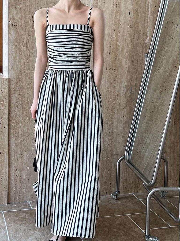 Luxi Off-Shoulder Striped A-Line Pleated Dress