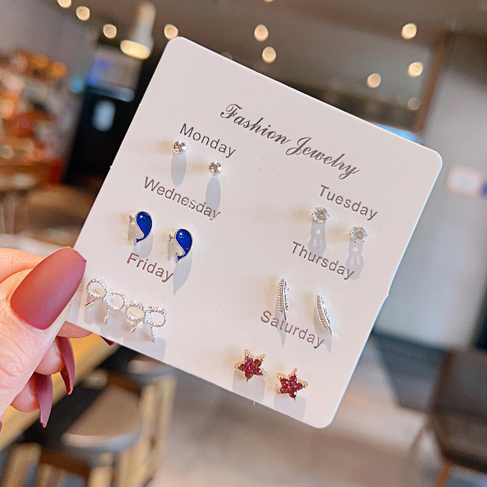 New small fresh one-week stud earrings set 1 pair combination Korean version sweet love bow fairy temperament earrings