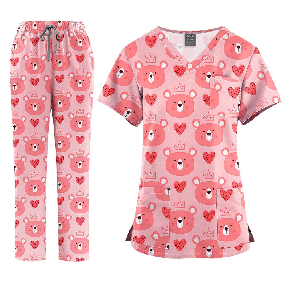 Flerfärgade Joggingdräkter Läkare Sjuksköterskeuniformer Kortärmade V-ringade Toppar Fickbyxor Sjuksköterskeskrubbar Set Medicinska Kliniska Kläder