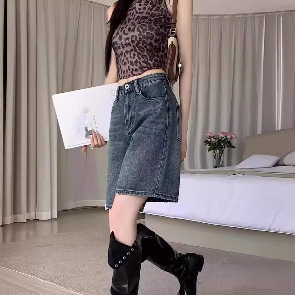 Denim Pants Pockets Vintage High Waist Shorts Women Wide Leg Streetwear Jeans Button Zipper