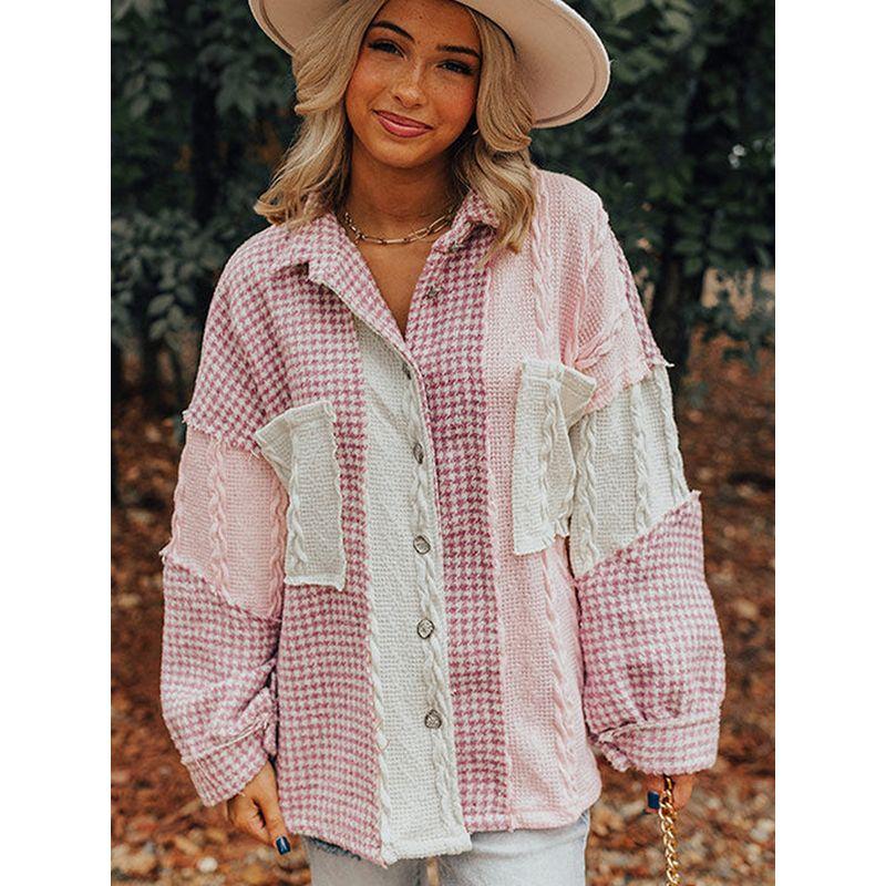 European and American Fashion Houndstooth Plaid Shirt Style Outerwear Women 2025 Winter New Color Matching Warm Long Sleeve Top Women