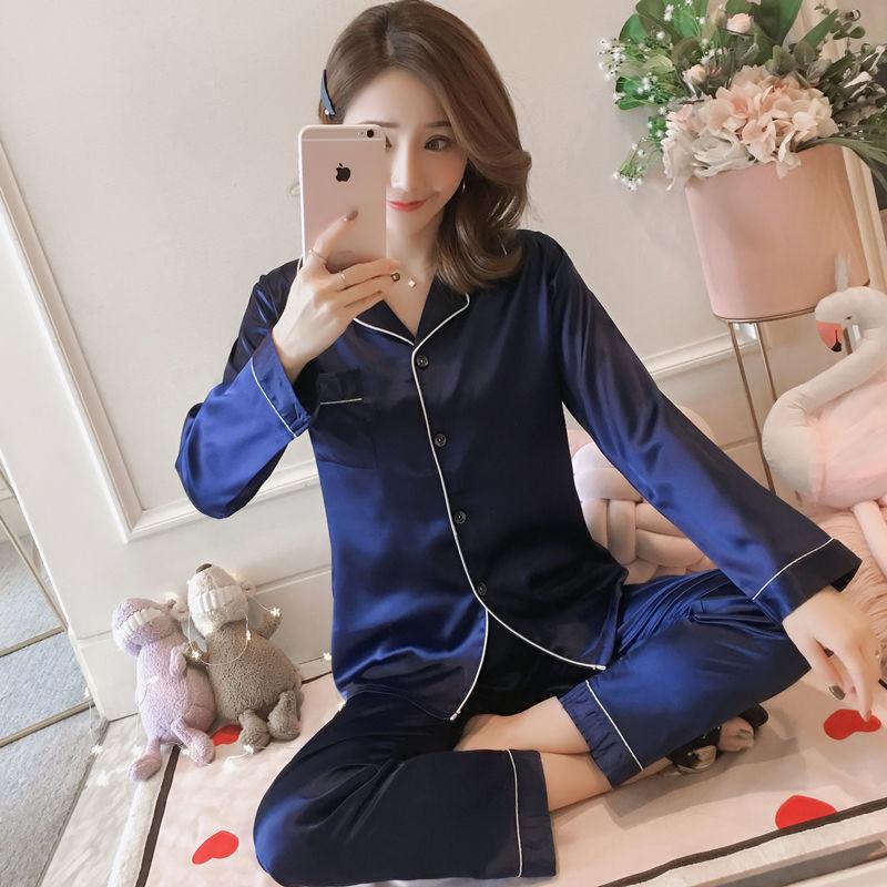 Solid color ice silk pajamas women's long-sleeved cardigan simulation silk spring summer loungewear women's autumn suit breathable