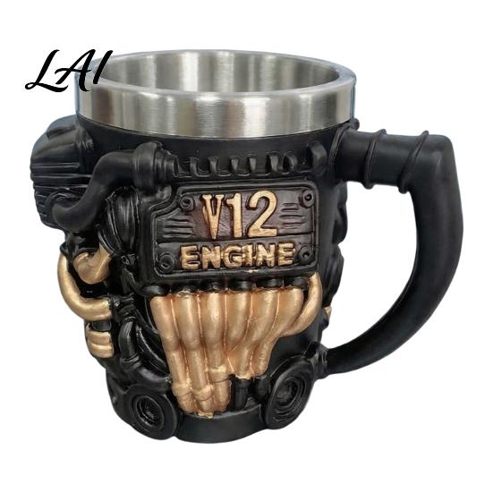 V12 Cylinder Head Cup Engine Coffee Mug Resin with Stainless Steel Lining