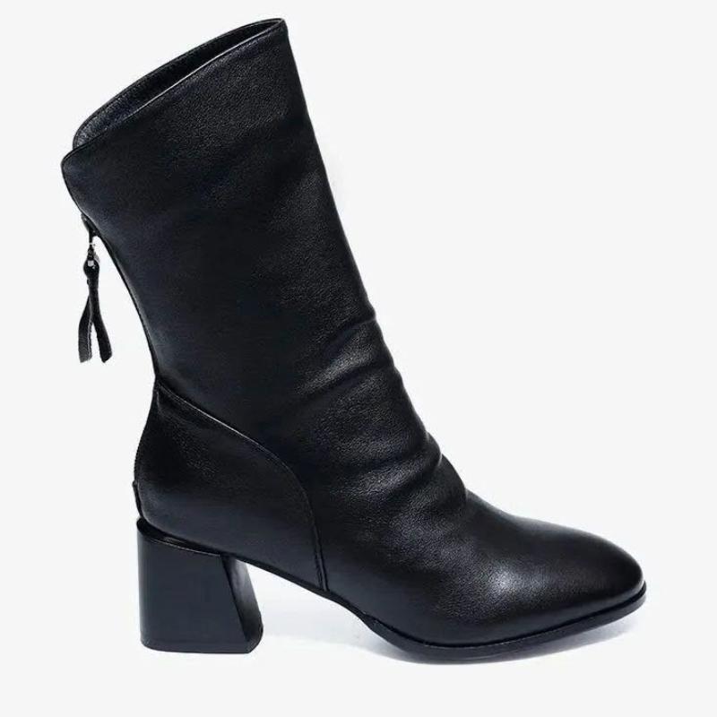 Fashion Black Middle Heel Ladies Fleece-Lined Mid Calf Shoes Autumn Winter Leather Women's Half High Boots Designer Luxury Elegant Boot
