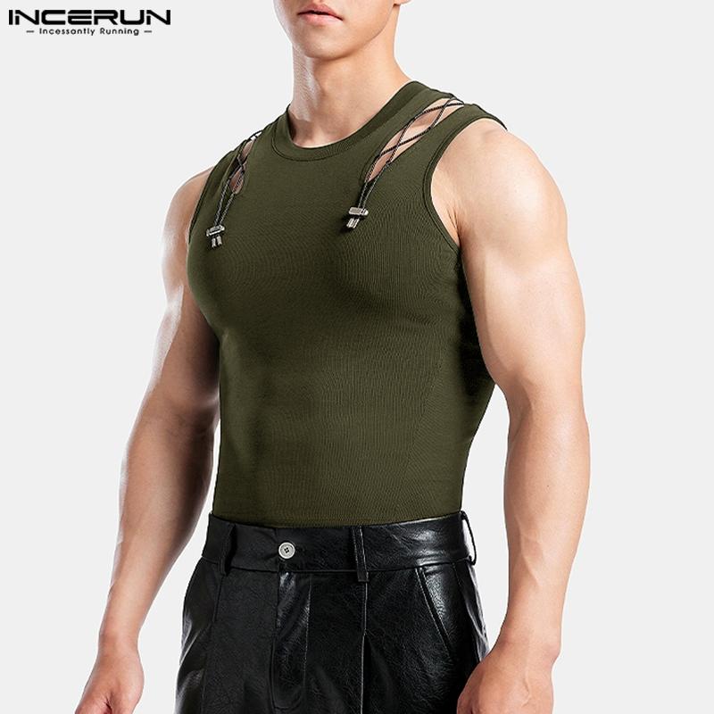 INCERUN Summer Men Sleeveless Tank Tops Hollow Thin Slim T-shirts