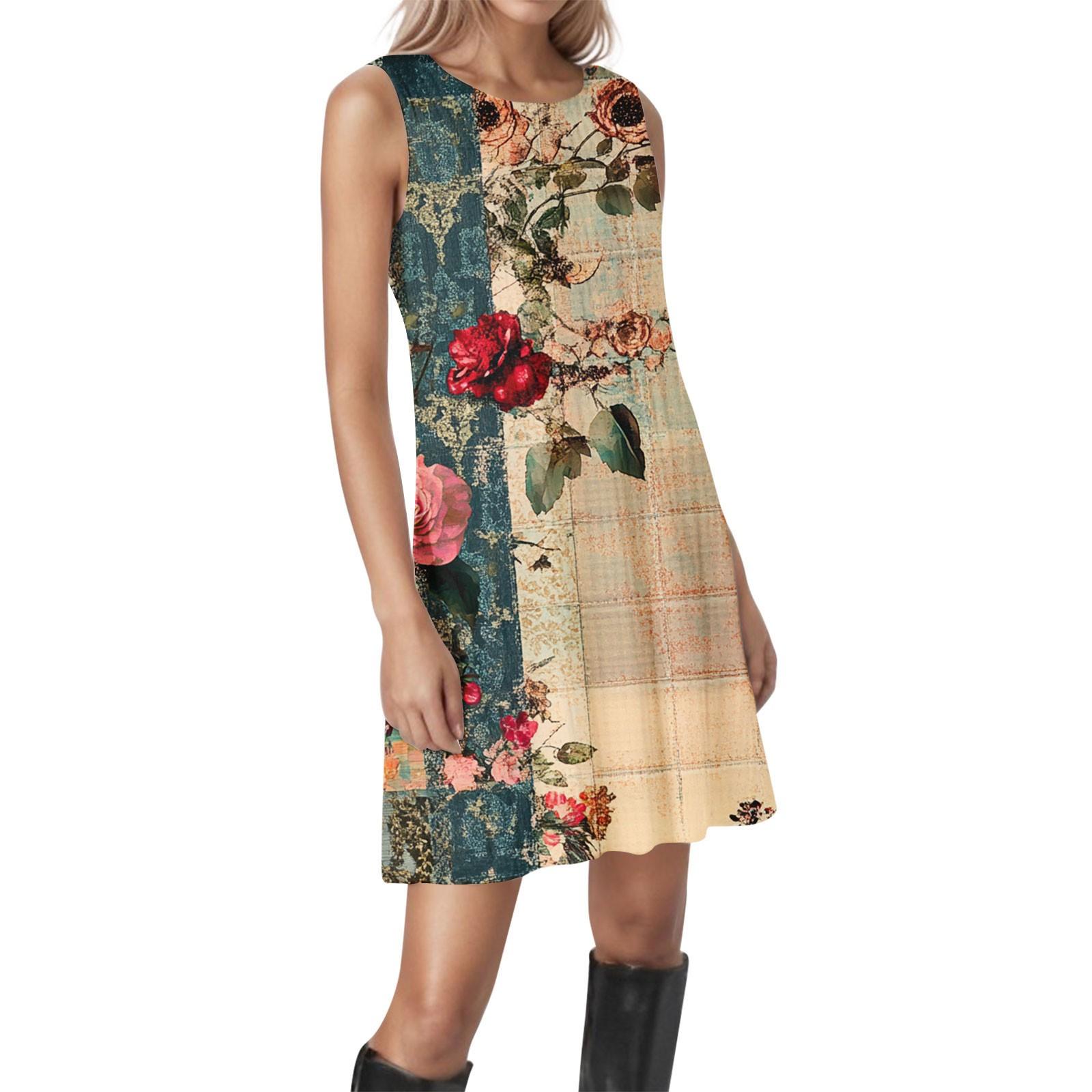 

Женские винтажные цветочные повседневные платья без рукавов с круглым вырезом и текстурой S