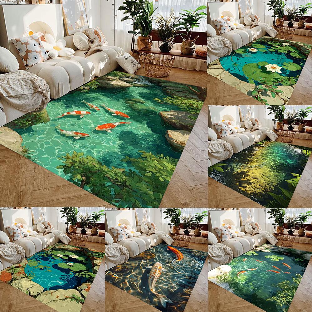 2D Koi Fish and Lotus Leaf Rock Design Carpet Suitable for Bedroom and Living Room Carpets Floor Mats for Children's Play Areas