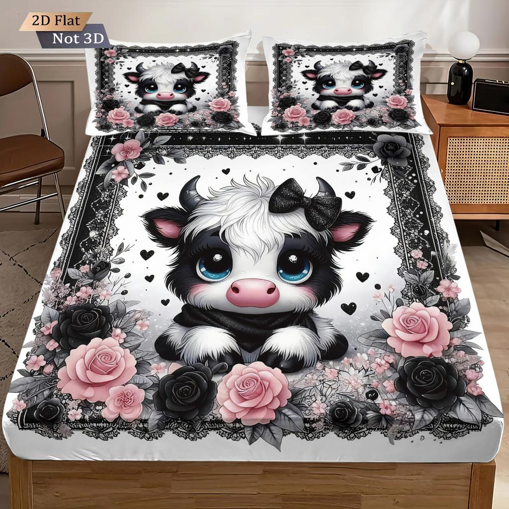 3 Valentine's Day Highland Cow Print Coreless Bed Sheet Set Multi Size Soft Bedcover Bedroom Bedding Decoration Machine Washable
