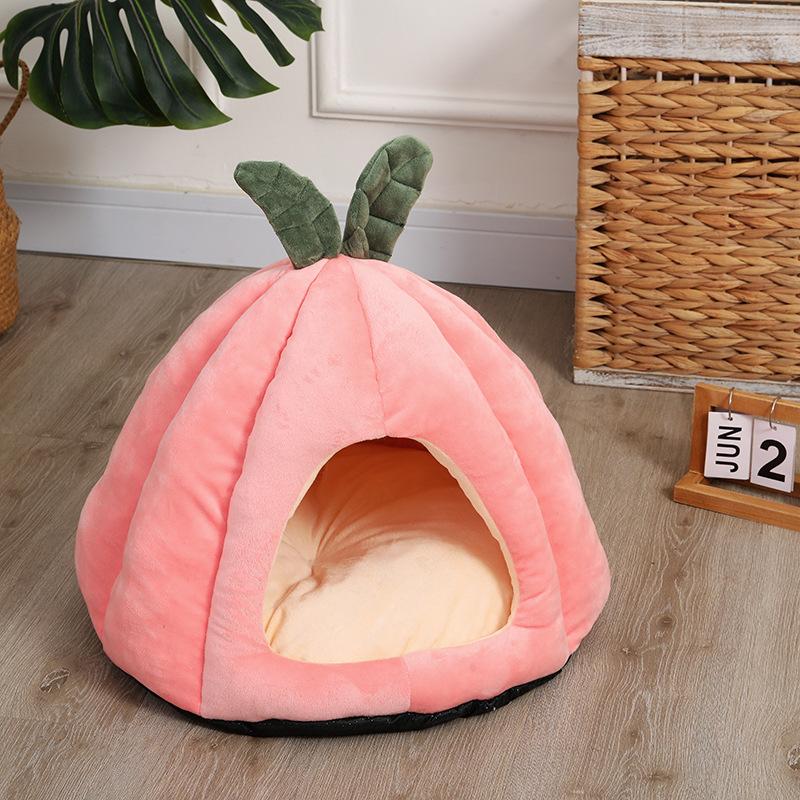 Winter Warm Cat Nest Pumpkin Shape Cat Bed Enclosed Cozy Pet Sleeping House Comfortable Cat Sleeping Bed Washable Kitten Home