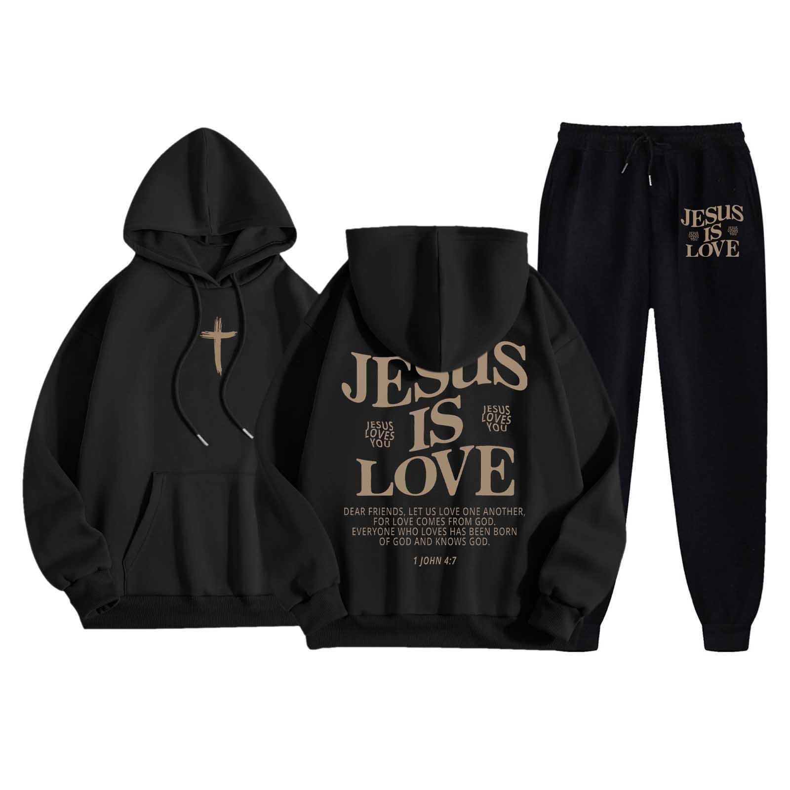 

Men s Casual Solid Color Letter-printed Sweatshirt Set, Men s Fleece Hooded Drawstring Sweatshirt And Sweatpants Two-piece Set L чорний