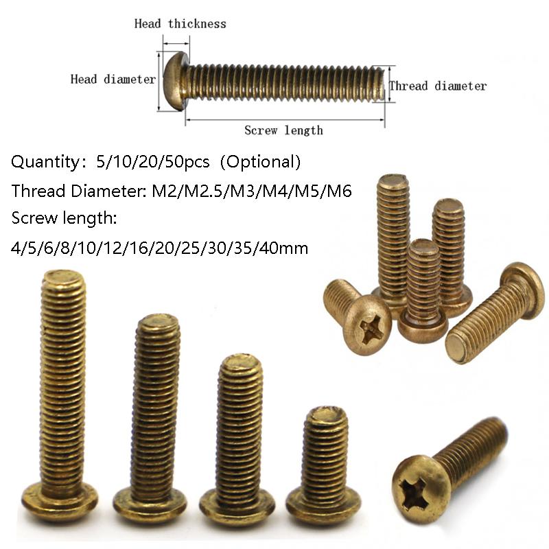 5/10/20/50pcs Cross Pan Head Coppers Solids Brass Machine Screws M2 M2.5 M3 M4 M5 M6 Machine Pan Head Brass Screws