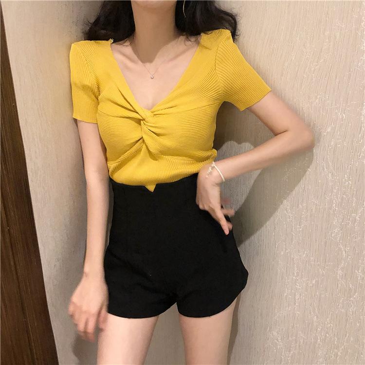 

Модная ретро свободная тонкая сетчатая красная однотонная футболка с V-образным вырезом и короткими рукавами, с перекрестным узлом, тонкий срез, свитер, трикотажные топы, женские летние One Size жёлтый